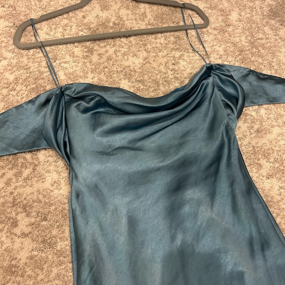 Showpo Teal Satin Off-Shoulder Cowl Neck Camisole